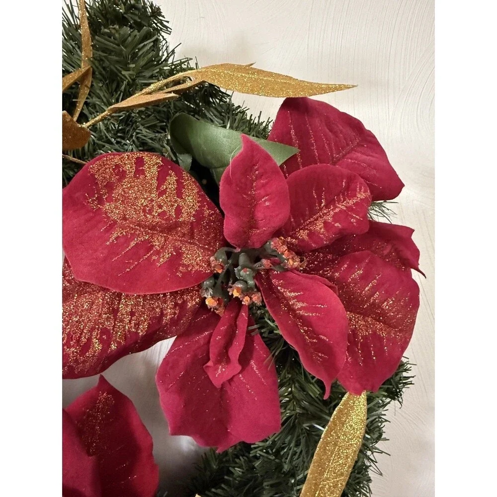 Festive Red Poinsettia & Gold Leaf Holiday Wreath